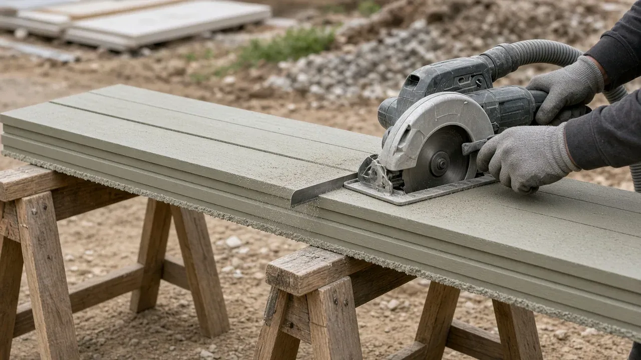 Outdoor cut of a fiber-cement plank with a circular saw and a vacuum hose