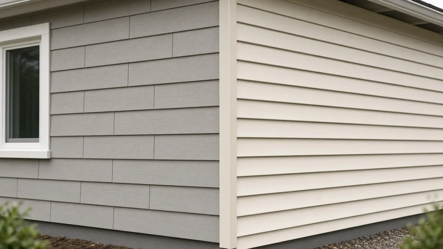 House corner with gray fiber-cement lap siding on one wall and cream vinyl lap siding on the other