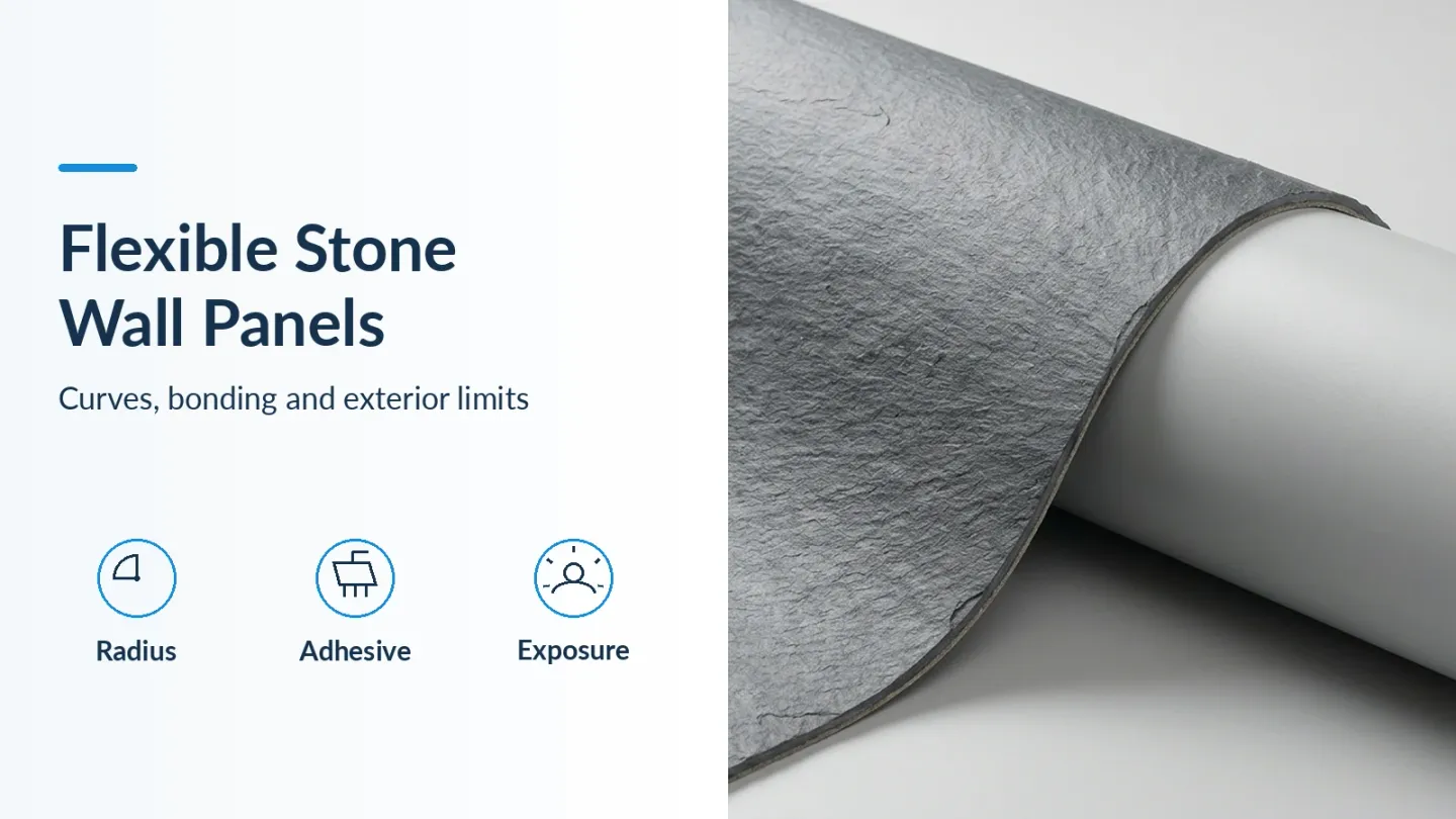Flexible Stone Wall Panels banner showing a stone-faced sheet over a broad cylindrical support, with Radius, Adhesive and Exposure icons.