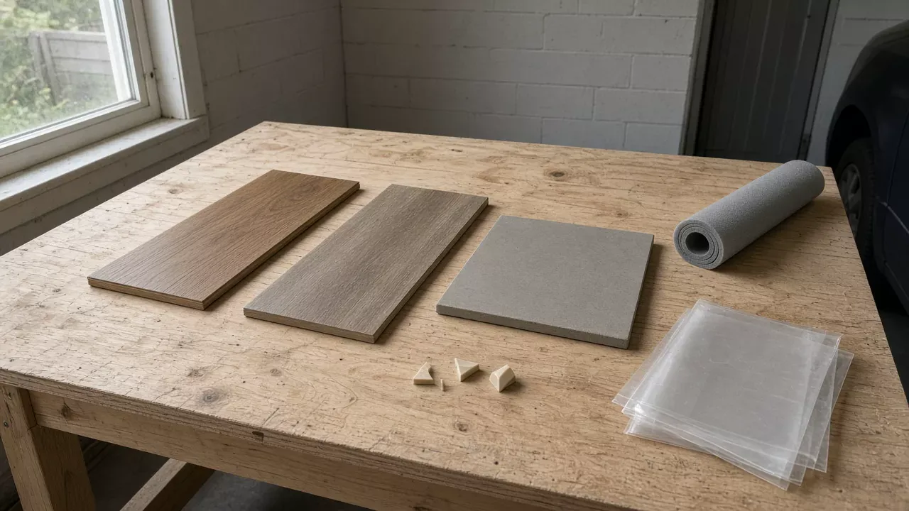 A laminate plank, a vinyl plank and a ceramic tile on a plywood bench with plain spacers, a clear plastic sheet and a gray foam roll