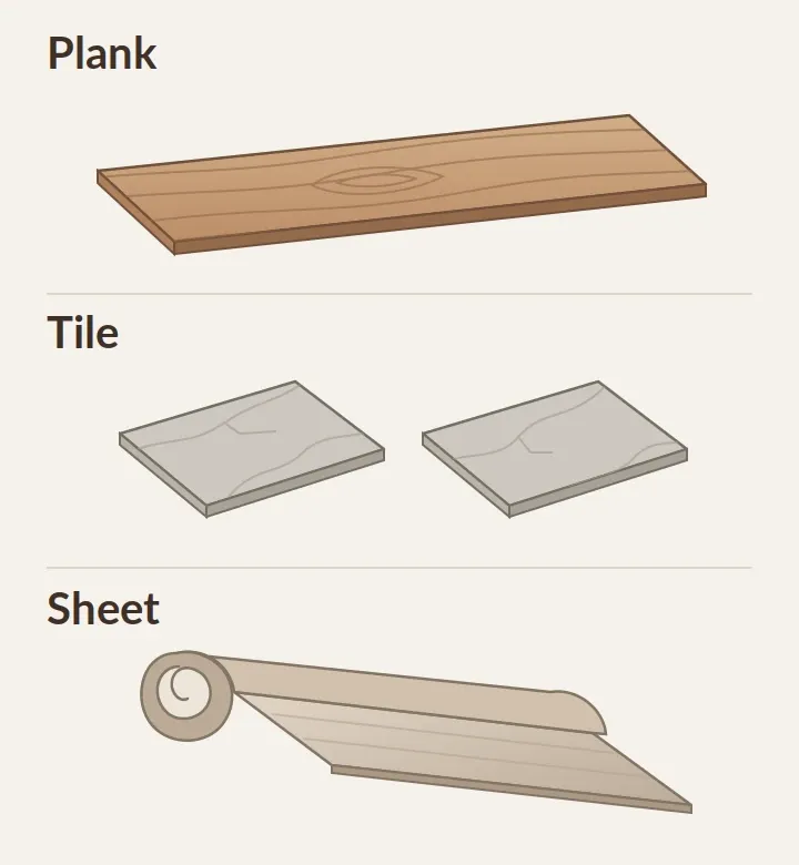 Conceptual vinyl flooring samples showing a long plank, separate tiles and a rolled sheet