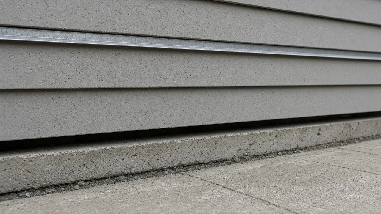 Bottom of fiber-cement lap siding held off a concrete walk, with a metal line at a horizontal joint
