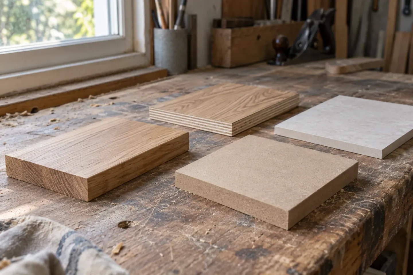 Illustration of solid wood, veneered plywood and paint-grade sheet samples with their edges exposed