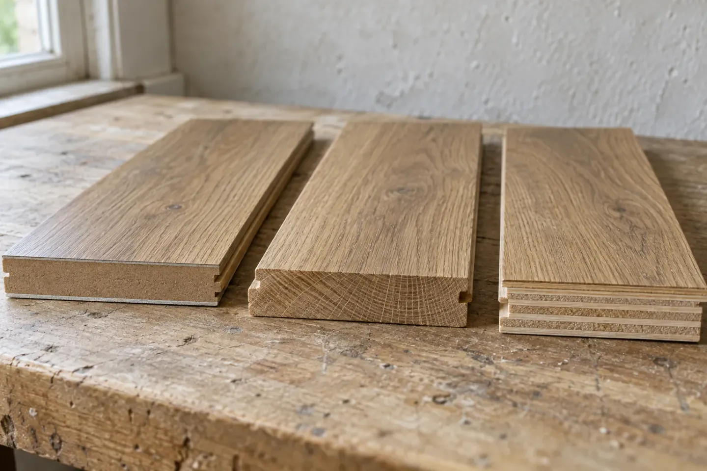 Laminate plank, solid wood board and engineered wood board side by side with their cut edges facing the camera