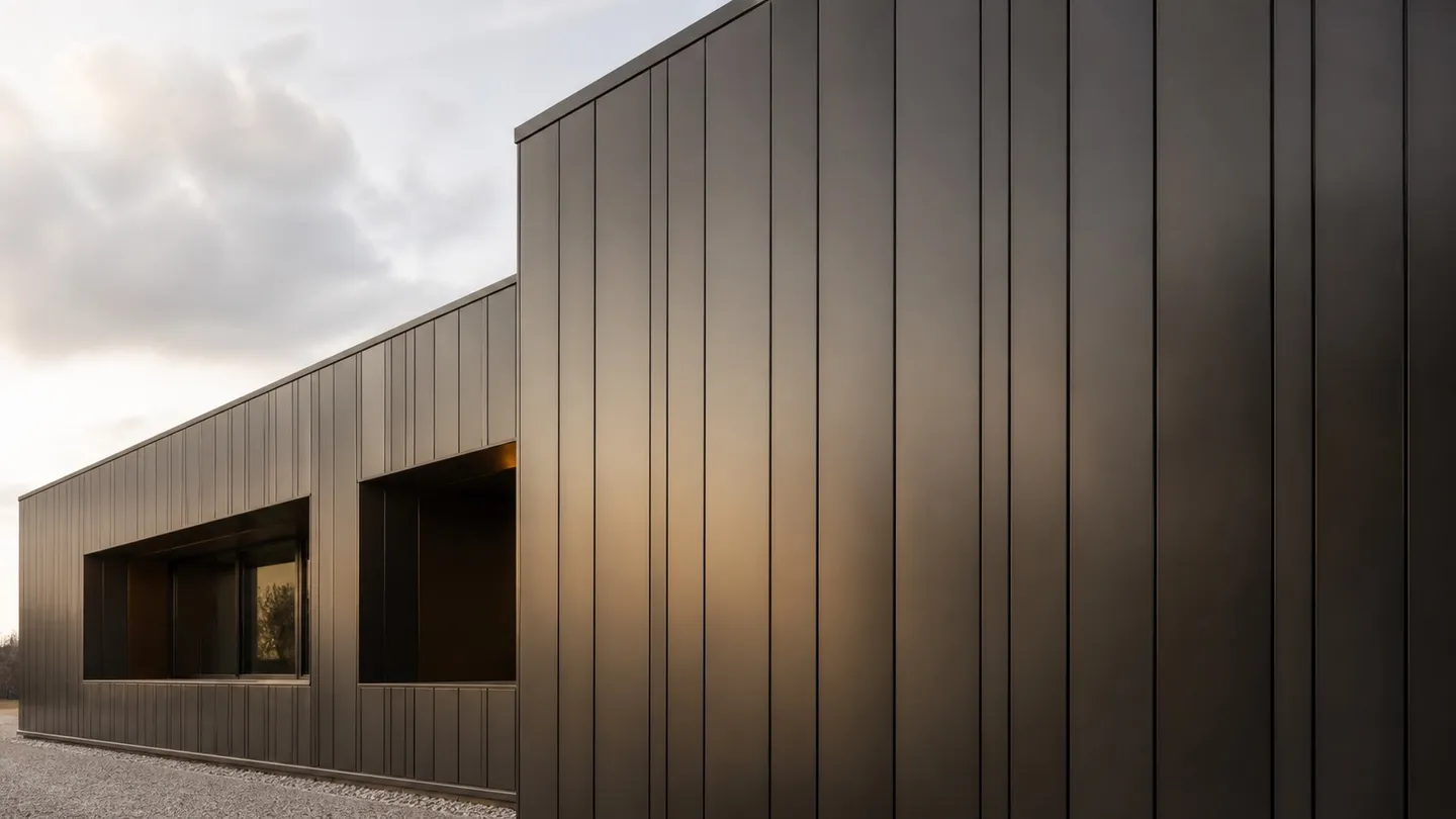 Contemporary building exterior clad in dark bronze vertical metal wall panels