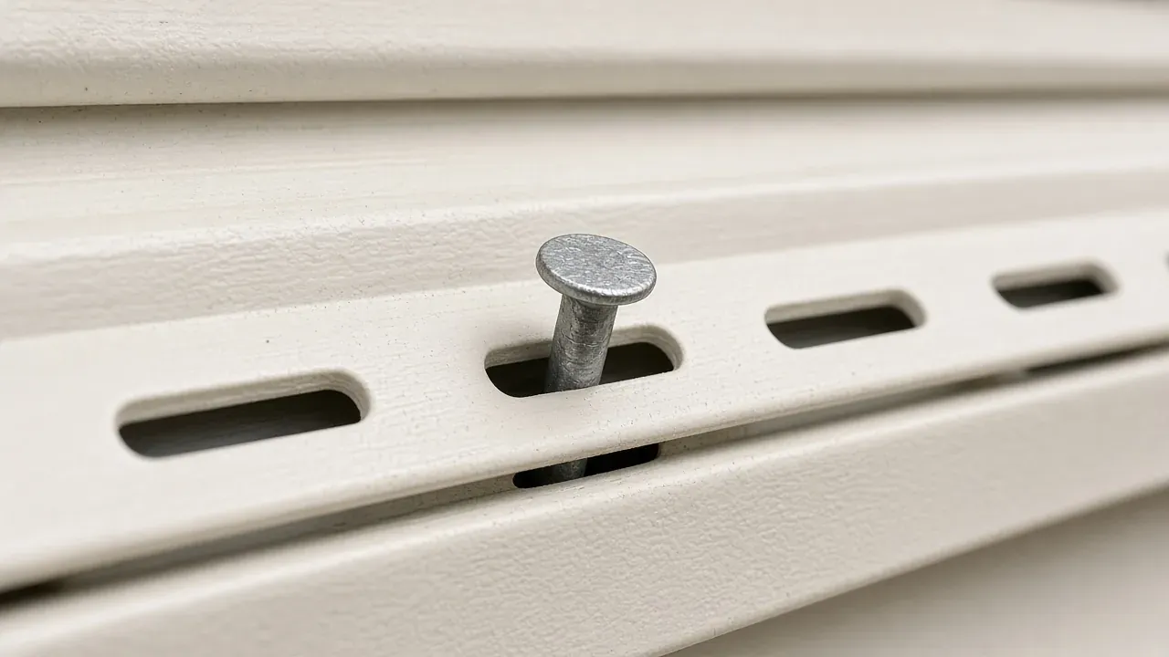 Vinyl siding nail hem with the fastener sitting in the slot and the head left clear of the vinyl