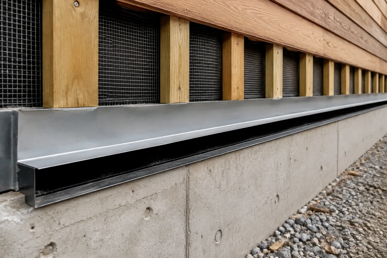 Ventilated wood rainscreen base termination showing vertical wood furring battens, insect mesh, and galvanized metal base flashing above a concrete foundation wall