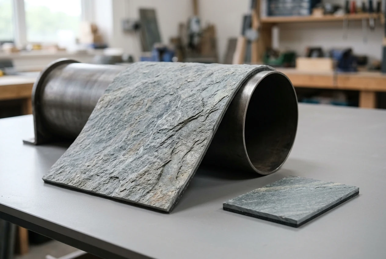 Gray stone-faced sheet draped over a broad curved metal support, with a separate flat cut sample on the bench.