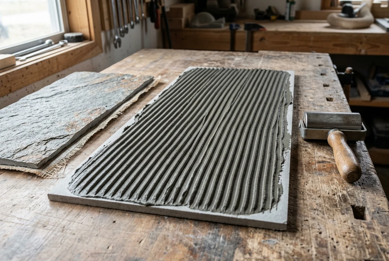 Mineral board covered with parallel adhesive ridges beside a stone-faced sheet with exposed mesh backing and a pressure roller.