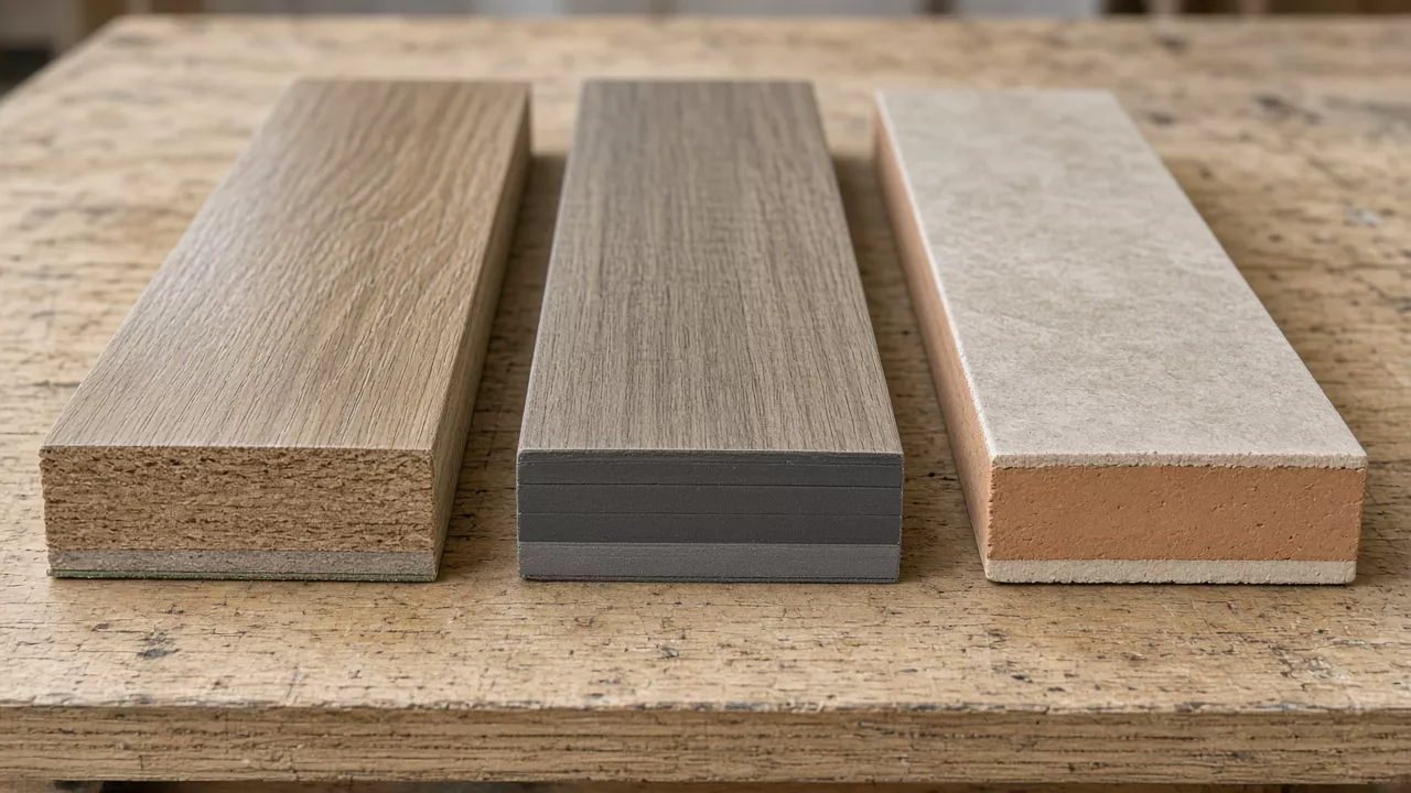 Cut ends of a laminate plank, a vinyl plank and a ceramic tile on a plywood bench