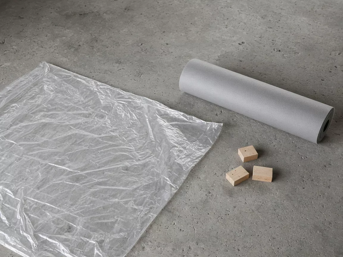 A clear plastic sheet, a plain gray foam roll and three unmarked wood blocks on a concrete floor