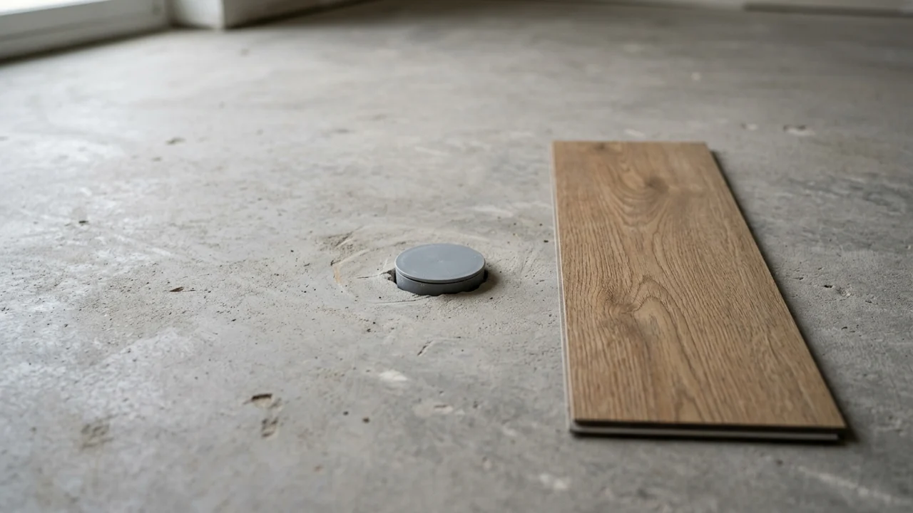 A small capped sleeve in a bare concrete floor beside a loose oak-look plank sample
