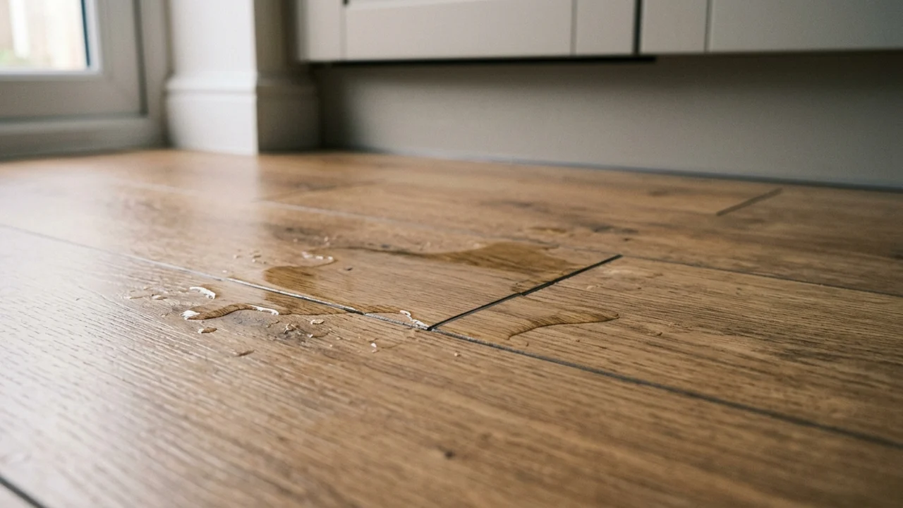 A small water spill crosses oak-look floor joints beside a plain cabinet base