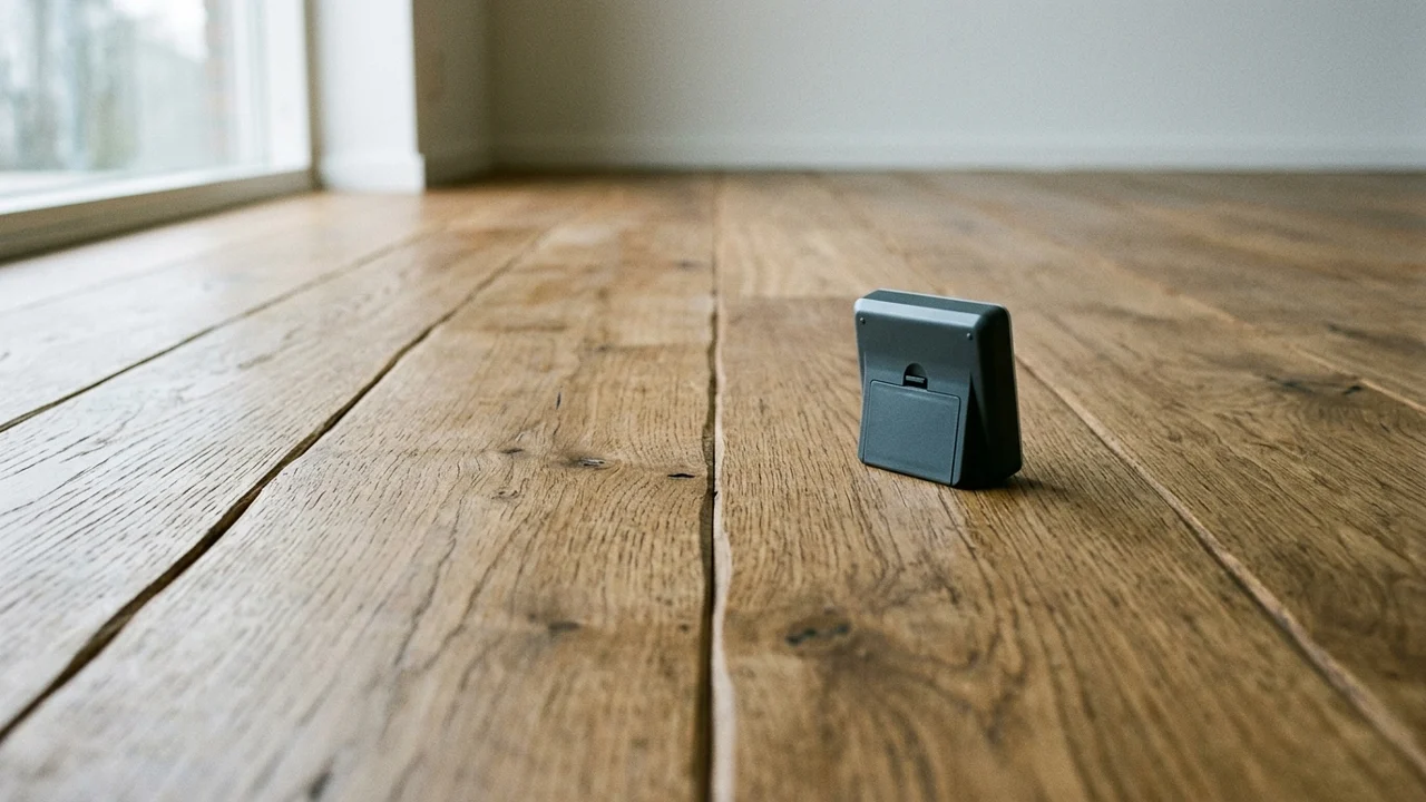 Wood floorboards with raised long edges and a small plain instrument resting nearby
