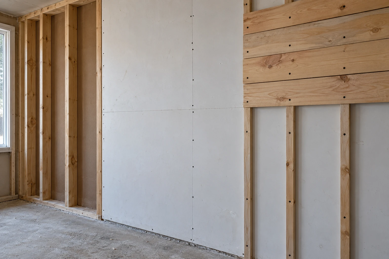 Illustration of framing, gypsum backing, timber battens and a partial timber facing in an unfinished interior wall