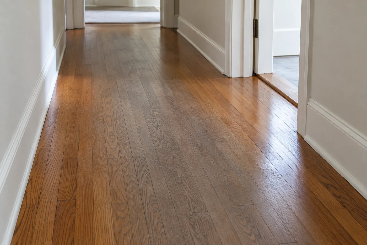 Older strip hardwood floor in a hallway with a dull, worn finish along the walking path and glossier edges