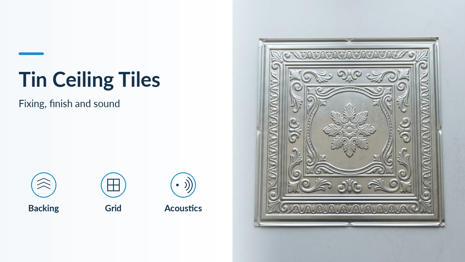 Tin Ceiling Tiles banner with an embossed silver metal sample and Backing, Grid and Acoustics icons.