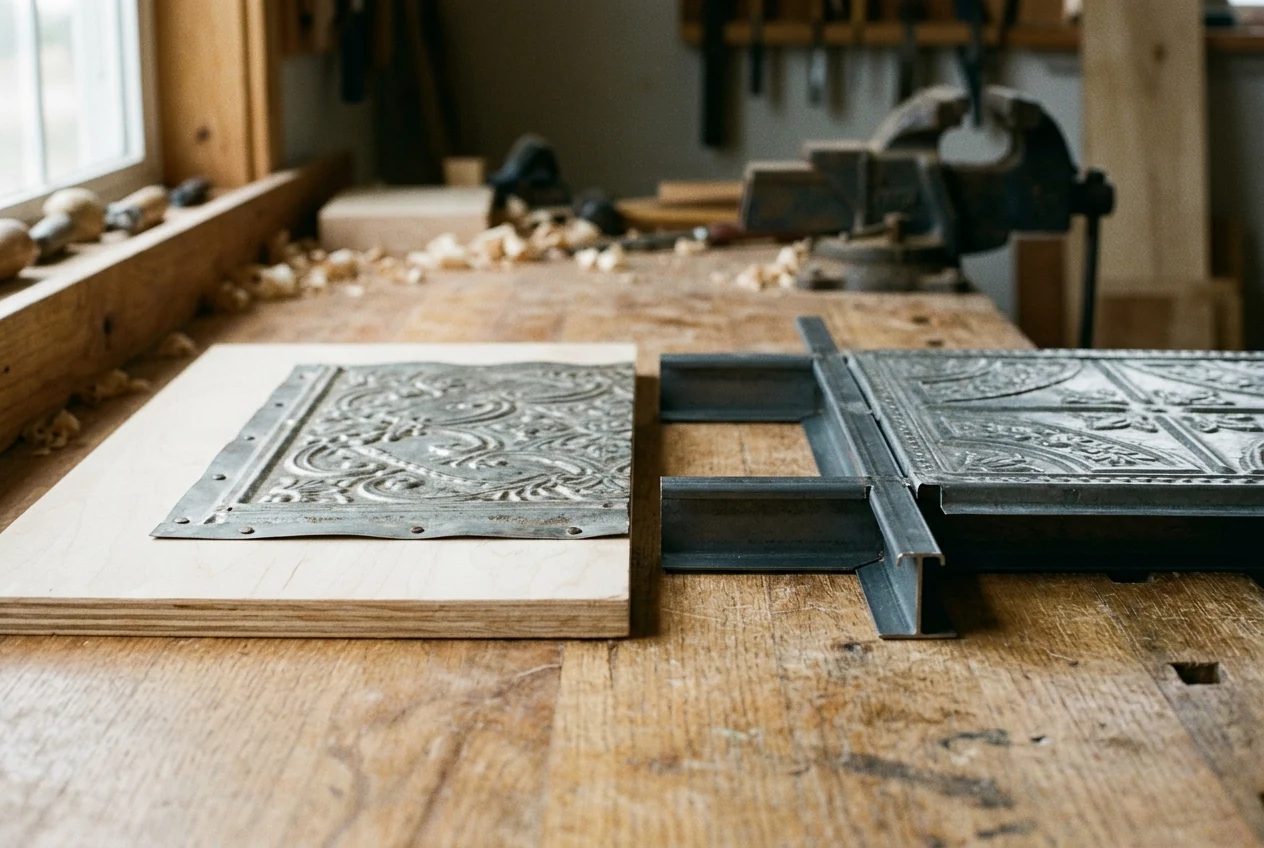 Embossed metal sample with a nailed perimeter flange on plywood beside a separate lay-in sample resting on a short metal grid mockup.