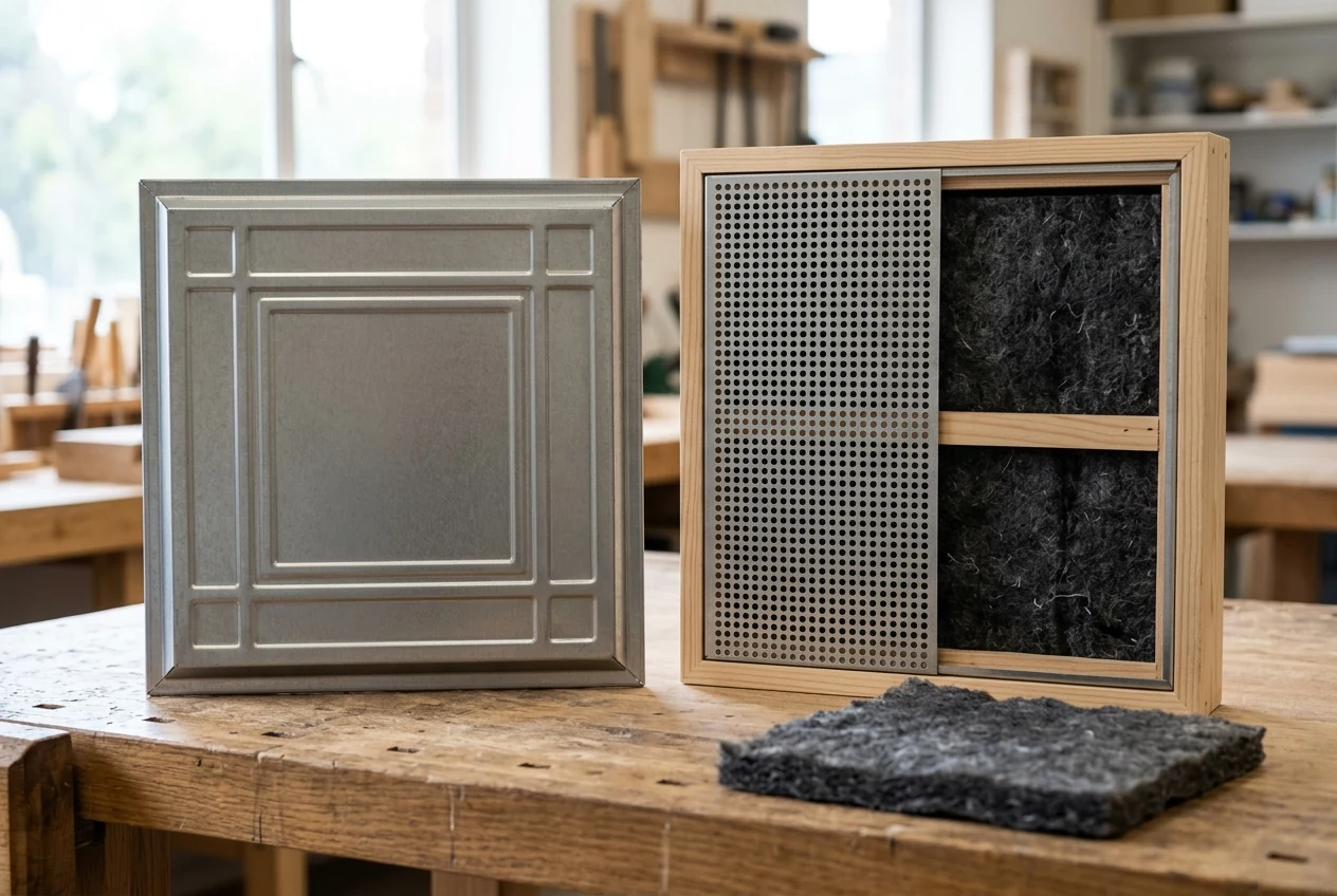 Solid embossed metal tile beside a wood-framed perforated sample with recessed porous backing and a loose acoustic pad.