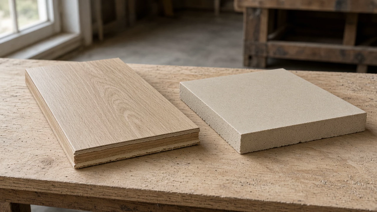 A vinyl plank and a ceramic tile on a plywood bench with their cut edges facing the camera