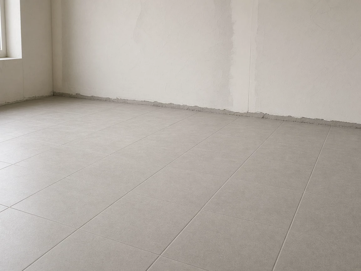 Ceramic floor tile stopping short of an unfinished wall, with a narrow open edge and no baseboard