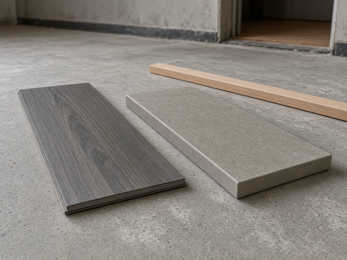 A vinyl plank and a ceramic tile on a concrete slab beside an unmarked wood straightedge